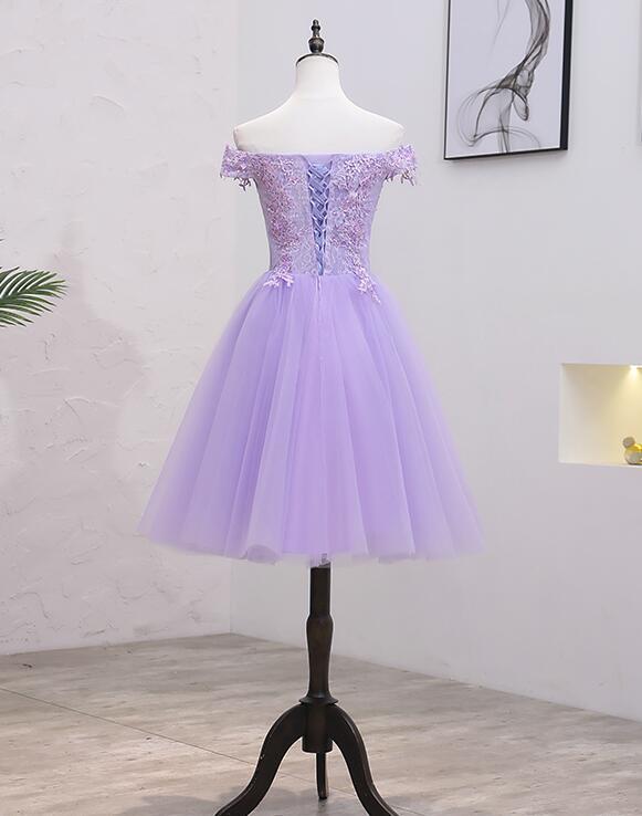 Light Purple Lace And Tulle Off The Shoulder Homecoming Dress, Short Party Dress  cg9056