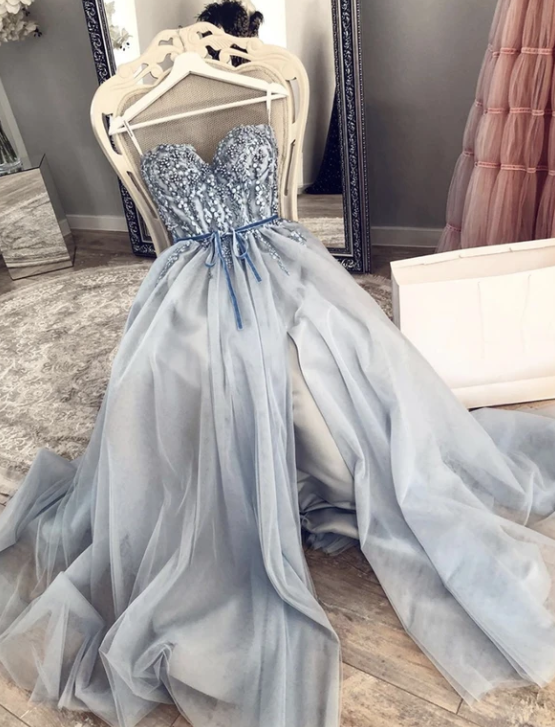 Blue tulle lace long prom dress evening dress   cg10032