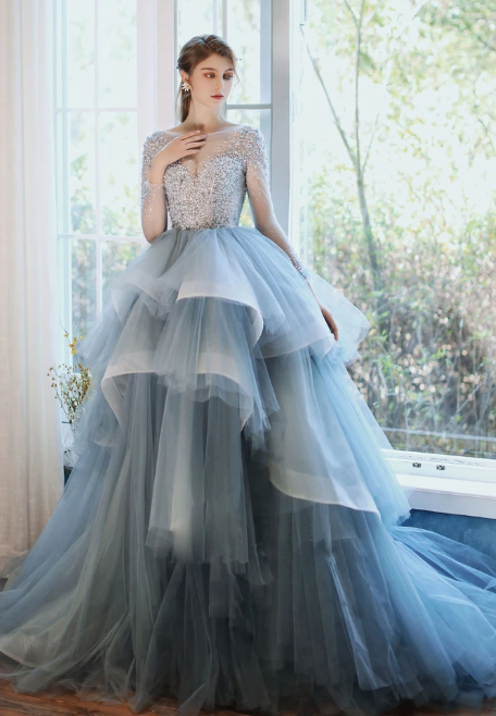 BLUE ROUND NECK TULLE SEQUIN LONG PROM GOWN BLUE FORMAL DRESS  cg10033