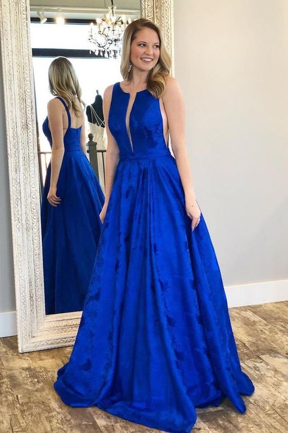 Charming A-Line Crew Floor-Length Royal Blue Printed Satin Prom Dresses   cg10043