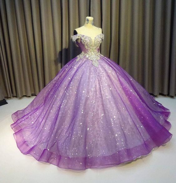Purple Off The Shoulder Ball Gown , Bling Bling Prom Dress   cg10071