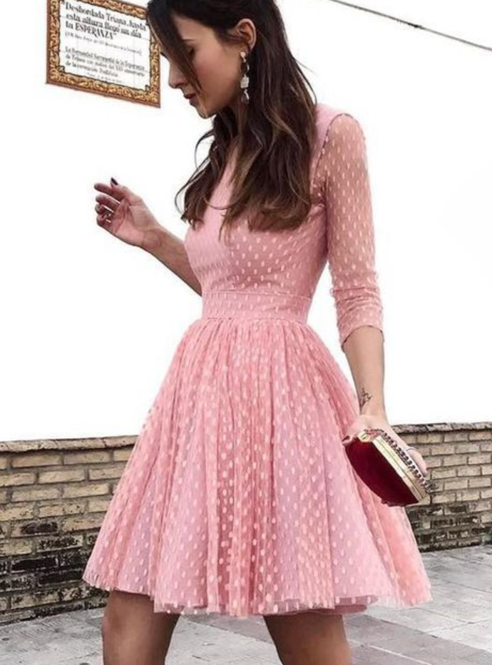 Pink Round Neck Long Sleeves Open Back Homecoming Dresses Cocktail Dresses  cg10083