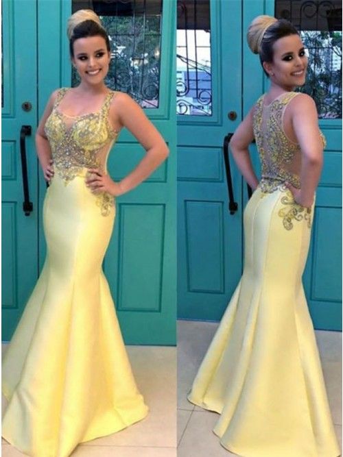 Mermaid Square Neck Floor-Length Yellow Satin Prom Dress with Beading    cg10092
