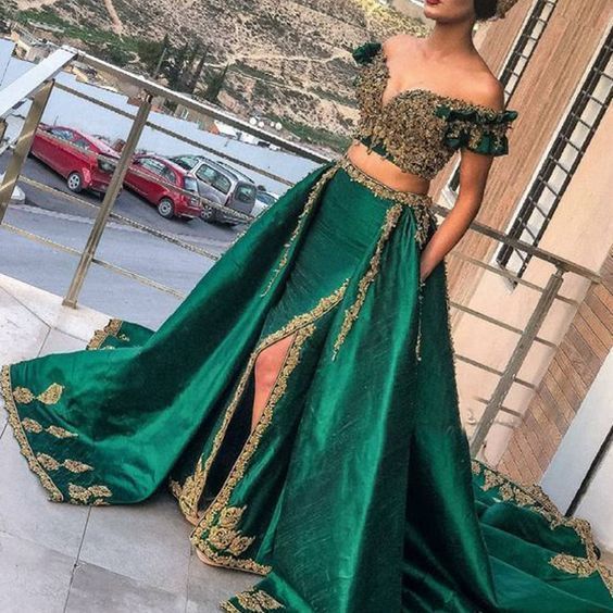 Green two pieces lace appliques beading sequins side slit Prom Dresses with Pockets   cg10098