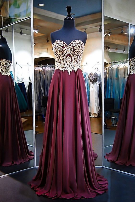 A Line Strapless Long Burgundy Chiffon Gold Lace Prom Dress    cg10241
