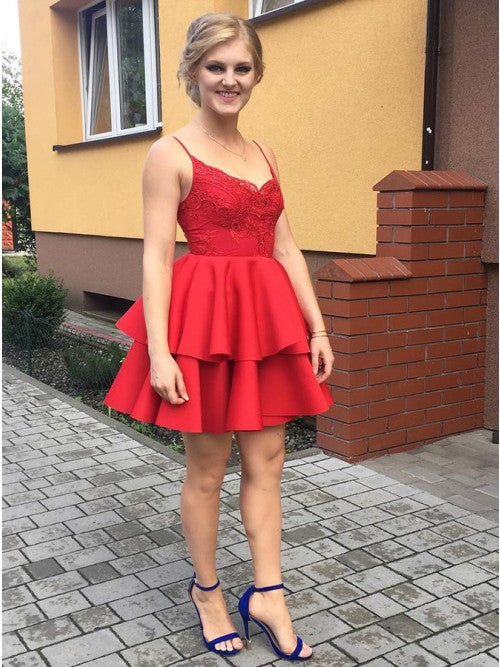 A-Line Spaghetti Straps Red Satin Short Homecoming Dress with Lace   cg10258