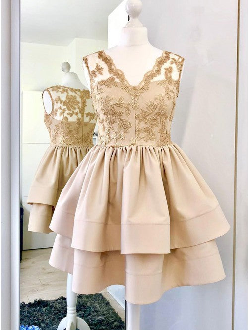 A-Line V-Neck Champagne Satin Short Homecoming Dress with Lace   cg10263