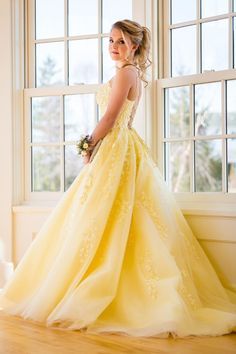 puffy A-line yellow long prom dress with lace up back and straps neckline   cg10298