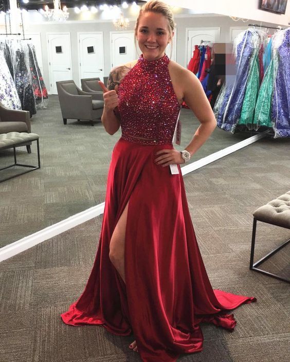 Red Prom Dress with Beading,Two Pieces Prom Dress with Slit,Long Formal Party   cg10309