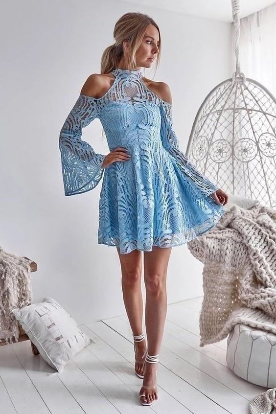Charming Long Sleeve Blue Lace Halter Homecoming Dresses Sweet 16 Dresses  cg10312