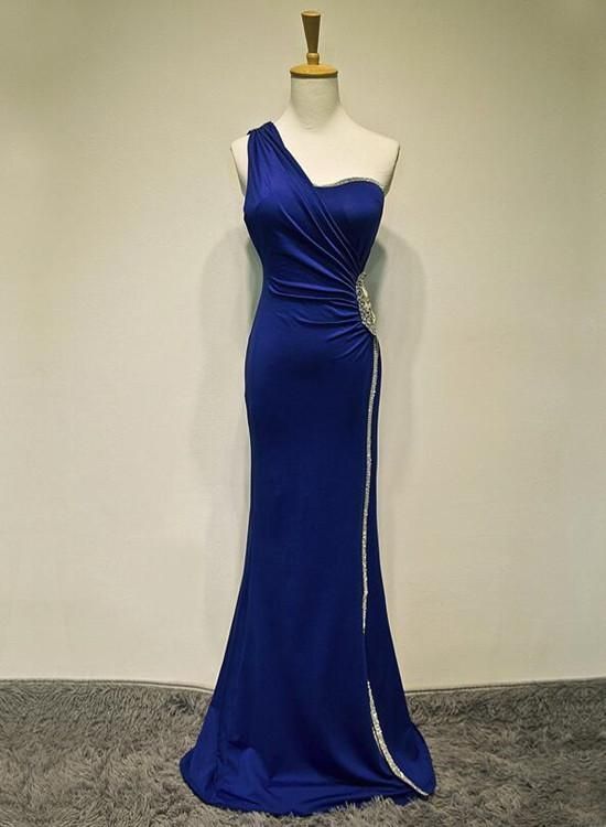 Royal Blue One Shoulder Floor Length Beaded Prom Dress   cg10340