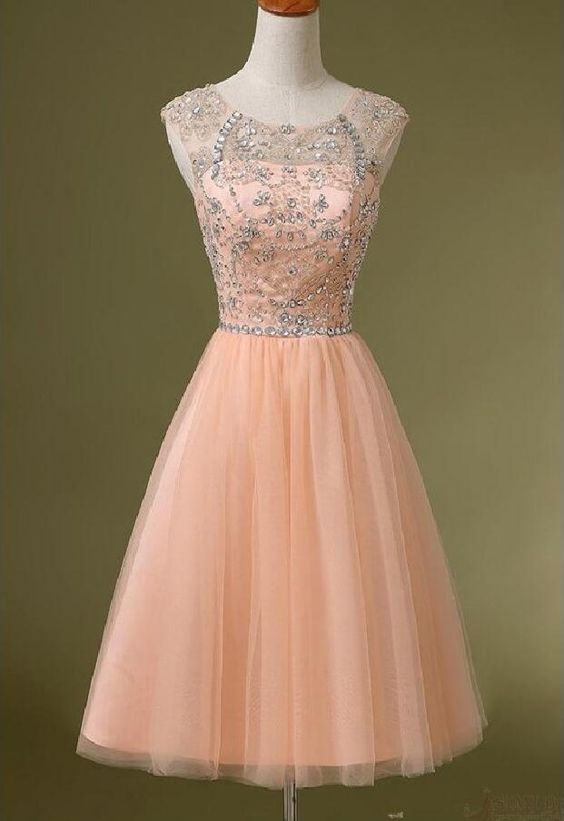 Peach beaded homecoming dress, See through homecoming dress   cg10355