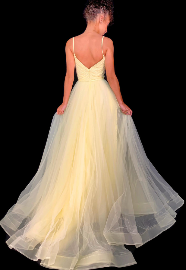 Yellow Prom Dress,Tulle Prom Gown,Spaghetti Straps Evening Dress,Backless Prom Gown   cg10381