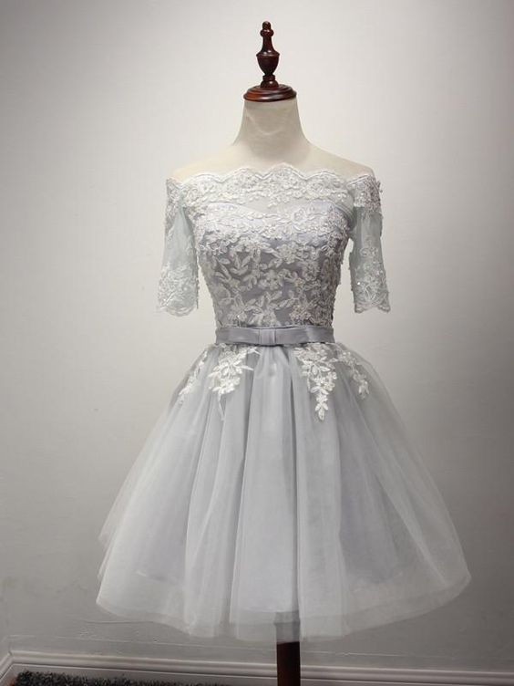 Gray Short Lace Dress Homecoming Dresses   cg10425
