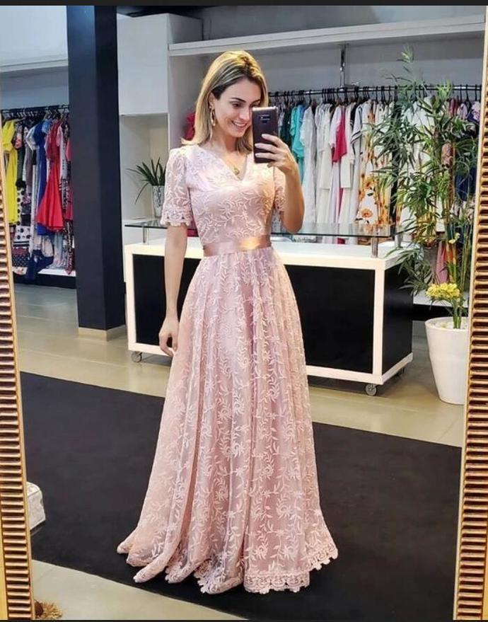 Pretty Short Sleeve Lace Pink A Line Prom Dress, Long Evening Dress  cg10445