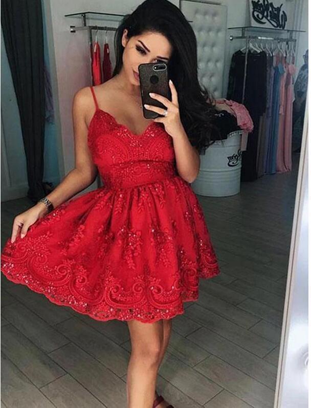 Lace Appliques Short Homecoming Dress, Red Straps Cocktail Dress   cg10506
