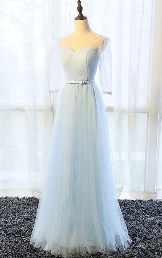 Simple pure blue V neck long senior prom dress with mid sleeves   cg10523