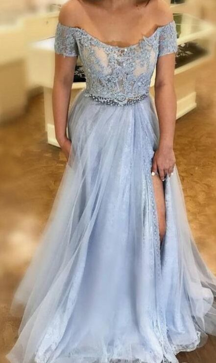 Princess Off the Shoulder Sky Blue Long Prom Dress with Side Slit    cg10532