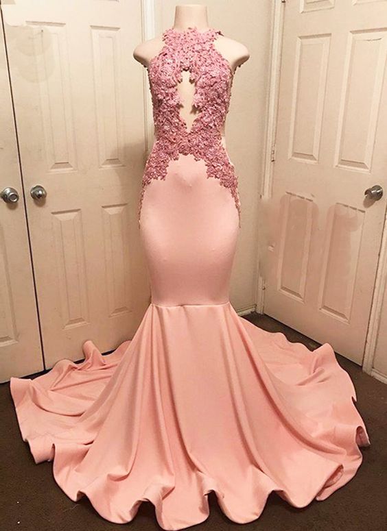 Pink high O neck see through strapless long mermaid evening prom dress with applique   cg10568