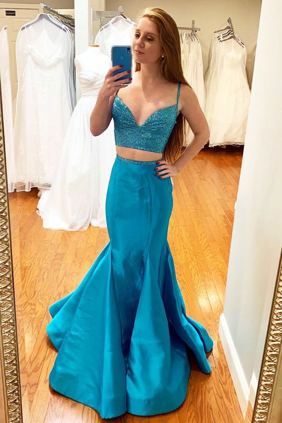 Sexy Spaghetti Straps Beaded Two Piece Prom Dress, Mermaid Long Evening Dress   cg10590