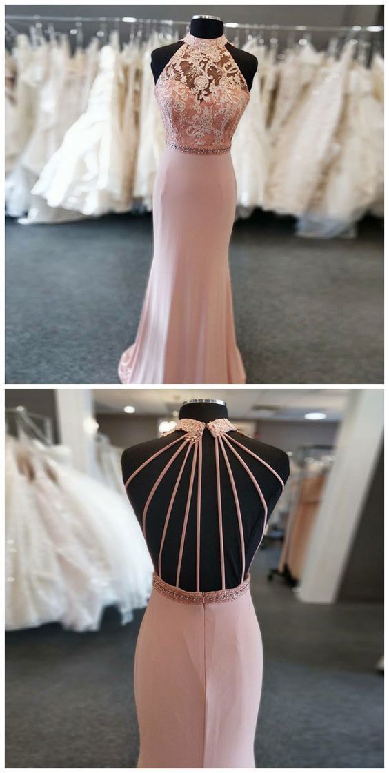 Mermaid Round Neck Sweep Train Pink Beaded Prom Dress With Lace   cg10605