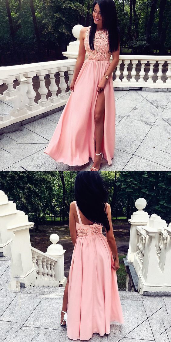A-Line Split Front Floor-Length Pink Beaded Prom Dress with Lace   cg10606