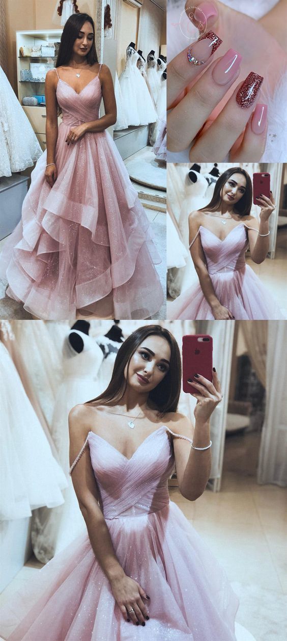 Pretty Tulle Pink V neck Long Prom Dresses with Straps   cg10711