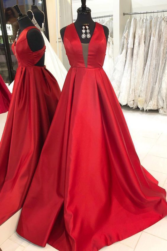 Charming V neck Satin Red Long Evening Dress prom dress    cg10712