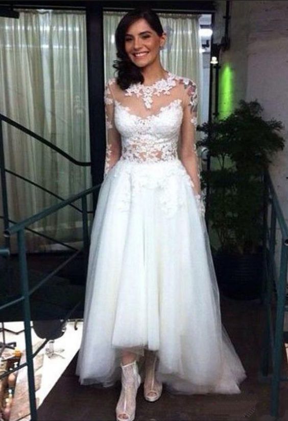 Sheer Lace Appliqués High-Low Tulle Wedding Dress  Prom Dresses, Long Evening Dress    cg10720