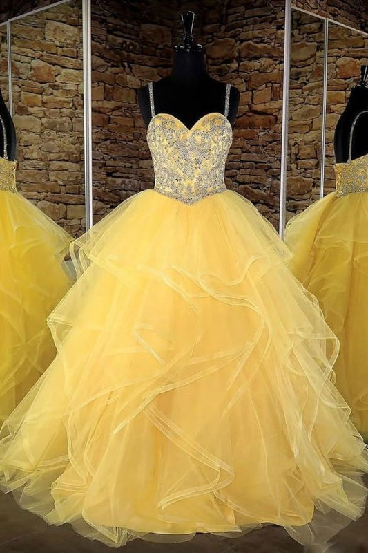 Yellow sweetheart tulle sequin long prom dress, yellow evening dress    cg12077