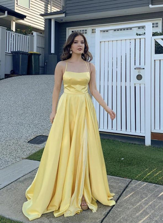 Yellow satin prom dress simple evening dress    cg12684