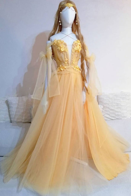 Yellow sweetheart tulle lace long prom dress yellow formal dress   cg12837
