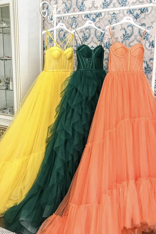 Yellow Long Tulle Prom Dresses Spaghetti Straps Sweetheart Court Train Formal Evening Party   cg13883