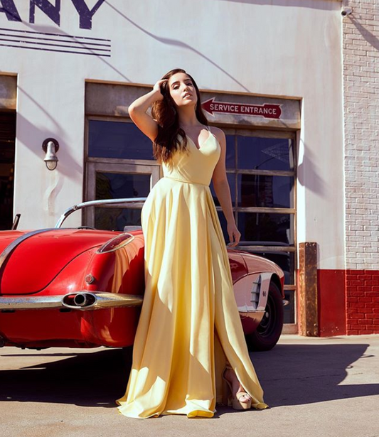 Yellow Prom Dress,A-Line Prom Gown,Spaghetti Straps Evening Dress,Satin Prom Gown   cg14303