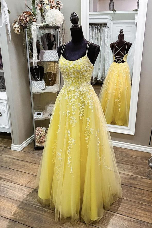 Yellow lace long A line prom dress evening dress    cg19607