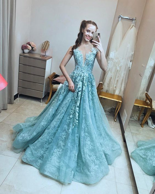 V Neck Blue Lace Prom Dress , Charming Prom Dress    cg20578