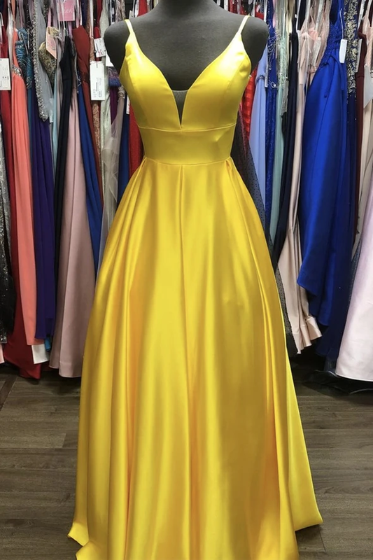 Yellow satin long A line prom dress yellow evening dress    cg21326