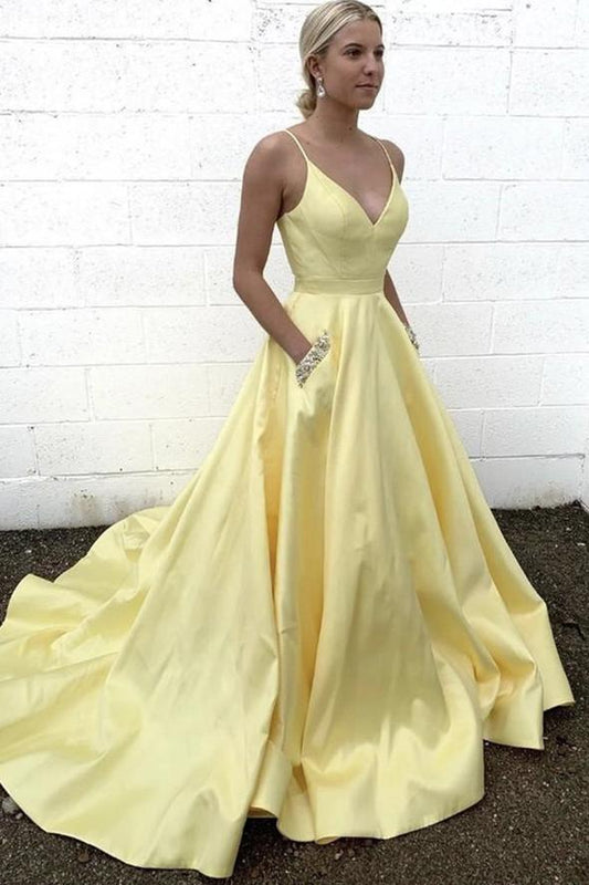 Yellow satin long A line prom dress evening dress      cg22639