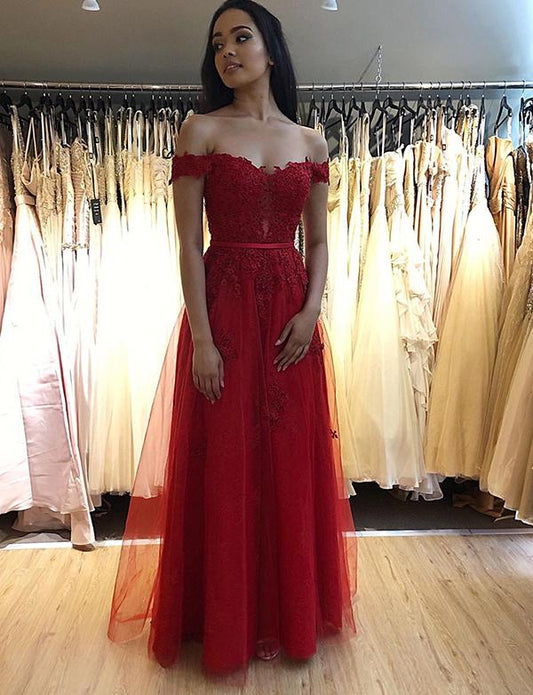 Charming A Line Off The Shoulder Red Prom Dresses With Appliques cg2339