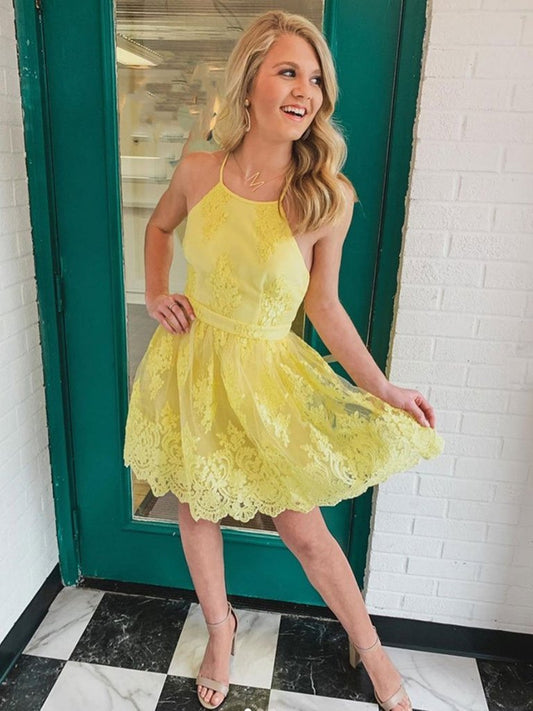 Yellow Lace Homecoming Dresses, Yellow Formal Evening Dresses       cg23515