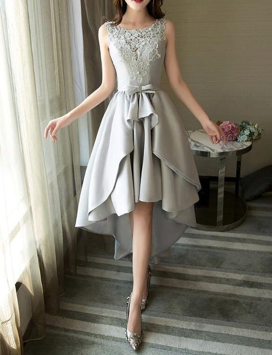 Grey Satin and Lace High Low Party Dress, Round Neckline Charming Formal Dress, Prom Dress 2019 cg2448