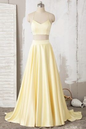 Yellow Two Piece Halter Lace Satin Long Prom Dress cg2606