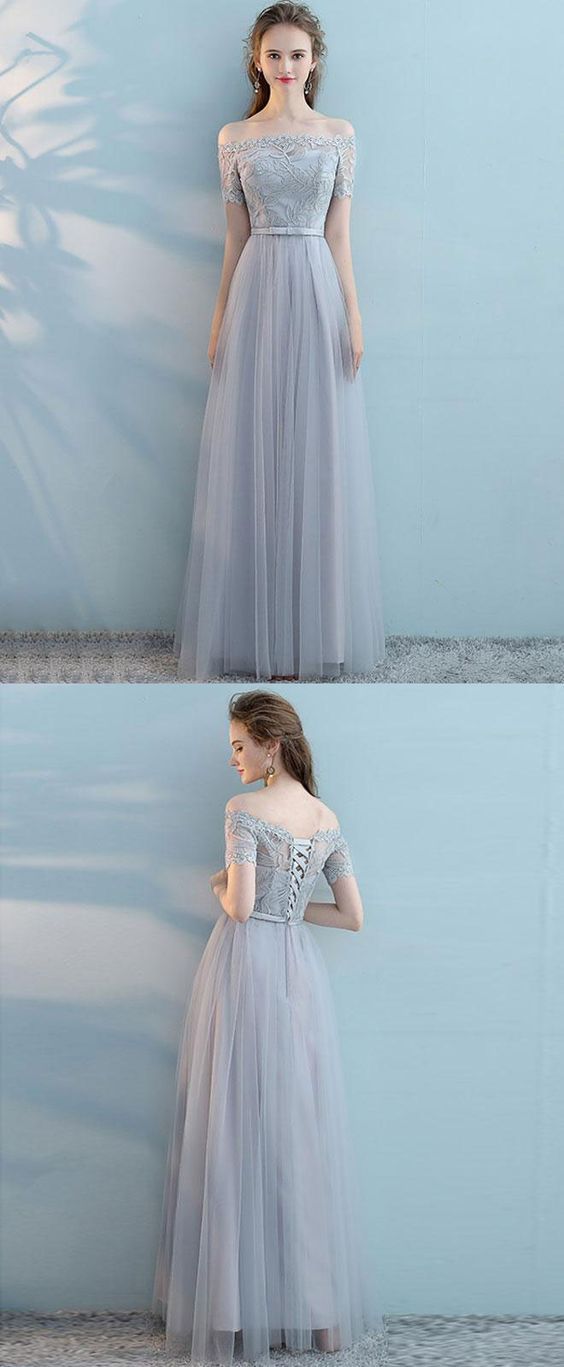 Gray tulle lace long prom dress, gray tulle bridesmaid dress  cg2668