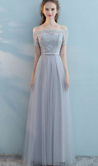 Gray tulle lace long prom dress, gray tulle bridesmaid dress  cg2668