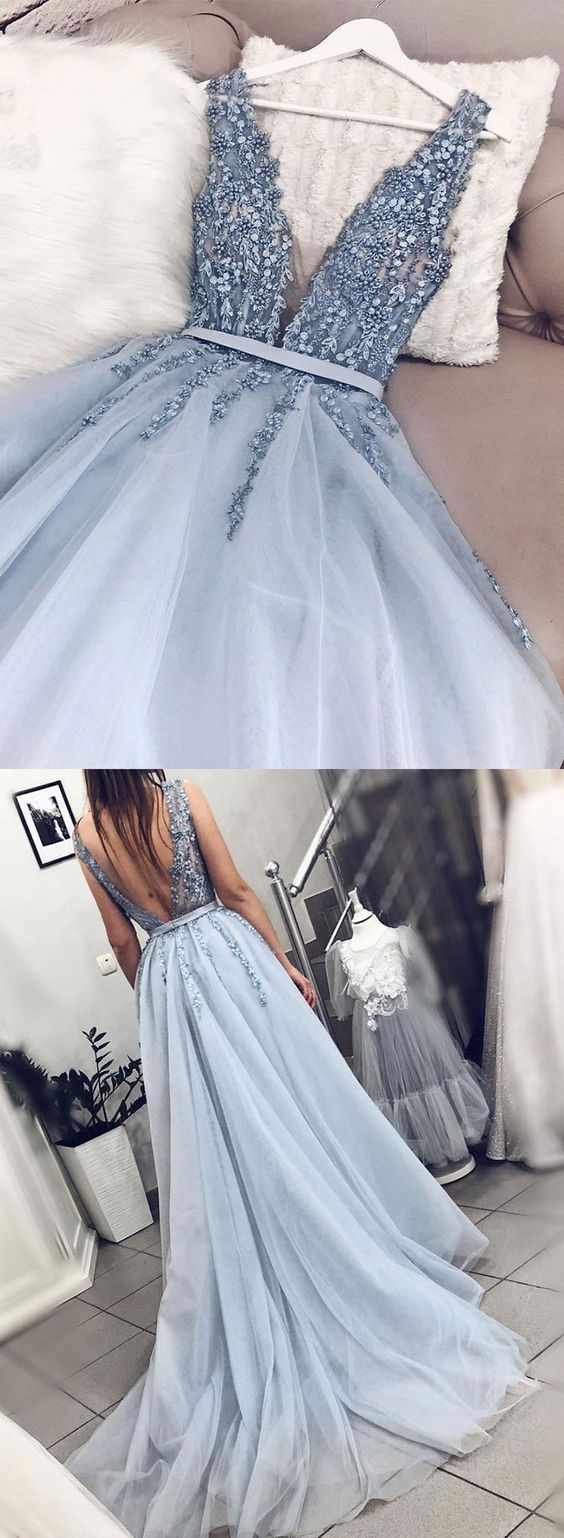 Blue v neck tulle beads long prom dress, evening dress cg397