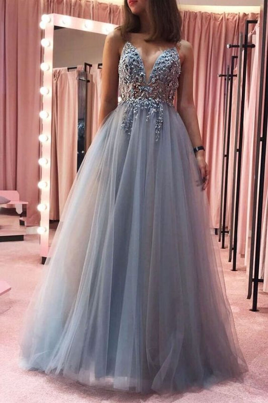 Gray v neck tulle lace long prom dress gray tulle formal dress cg4228