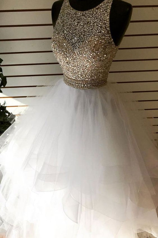 White round neck tulle sequin beads long prom dress, white evening dress cg4268