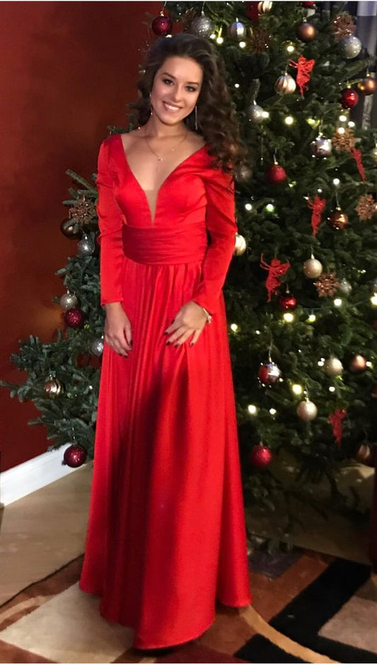 long sleeves prom dresses red chiffon evening gown cg4287