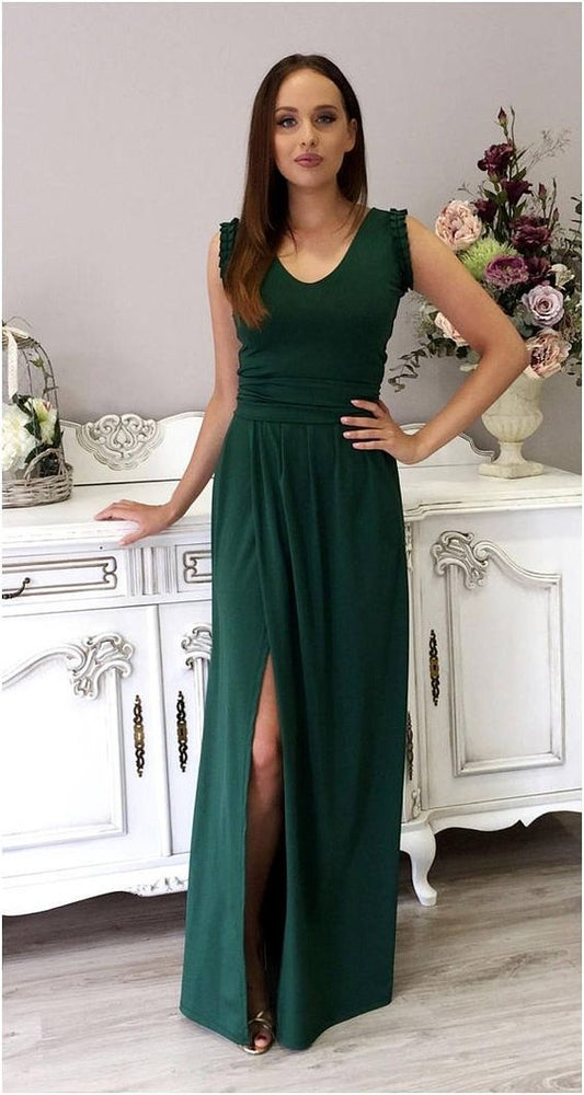 Dark Green Bridesmaid Maxi prom Dress Fitted Bodice V Neck Sleeveless High Slit Sash cg4341