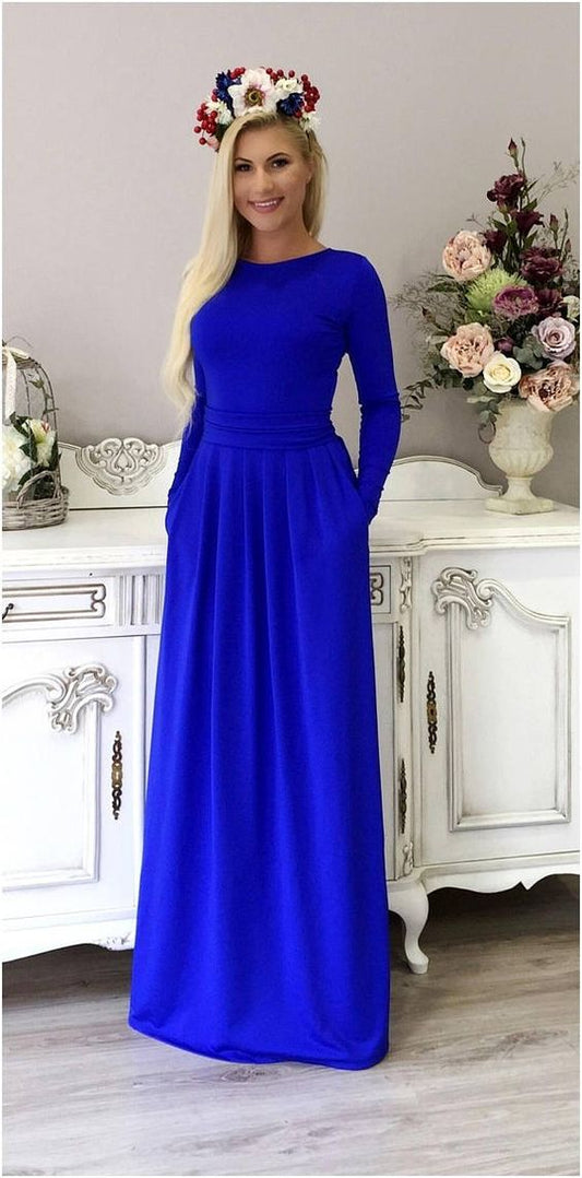 Royal Blues Dress With Pleats/ Long Plain Bridesmaid Party prom Dress Long Sleeves Pockets Sash cg4342
